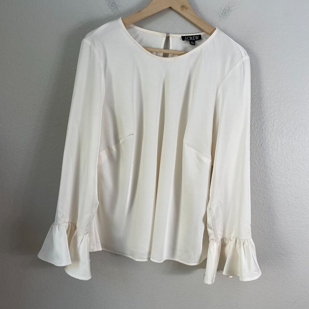 J Crew Womens Plus XXL Ruffled Cuff Blouse Ivory‎ Long Sleeve Satin Top